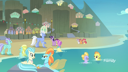 Size: 1920x1080 | Tagged: safe, screencap, apple bloom, cerulean kingfisher, ocean flow, ocean mist, papaya bay, scootaloo, sky beak, sundown horizon, sweetie belle, tropical sand, twilight sparkle, alicorn, classical hippogriff, earth pony, hippogriff, pegasus, pony, seapony (g4), unicorn, g4, surf and/or turf, beach, cloud, coexist, cutie mark crusaders, discovery family, discovery family logo, female, filly, folded wings, house, logo, mare, mount aris, open mouth, open smile, raised claw, smiling, streetlight, twilight sparkle (alicorn), wings