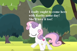 Size: 768x512 | Tagged: safe, edit, edited screencap, editor:korora, screencap, sweetie belle, pony, unicorn, g4, surf and/or turf, cropped, cute, cutie mark, diasweetes, female, filly, harmonizing heights, implied rarity, mount aris, solo, text, the cmc's cutie marks, tree