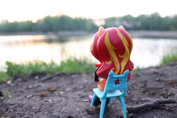 Size: 6000x4000 | Tagged: safe, artist:artofmagicpoland, sunset shimmer, equestria girls, g4, beautiful, chair, doll, equestria girls minis, eqventures of the minis, female, irl, lake, photo, sitting, solo, sunset, toy