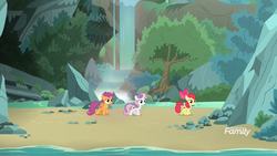 Size: 1920x1080 | Tagged: safe, screencap, apple bloom, scootaloo, sweetie belle, earth pony, pegasus, pony, unicorn, g4, surf and/or turf, beach, cutie mark crusaders, female, filly, mount aris, rock, tree, trio, waterfall