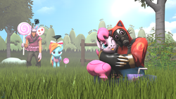 Size: 1920x1080 | Tagged: safe, artist:az-derped-unicorn, pinkie pie, rainbow dash, cat, human, pony, g4, 3d, animal costume, candy, cat costume, clothes, costume, crossover, fairy costume, female, food, group, lollipop, magical mercenary, male, mare, pyro (tf2), quartet, rainbow dash is not amused, scout (tf2), source filmmaker, team fortress 2, unamused