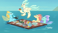 Size: 1920x1080 | Tagged: safe, screencap, cerulean kingfisher, coral sunburst, misty shores, morning horizon, classical hippogriff, hippogriff, seapony (g4), g4, surf and/or turf, background hippogriff, background sea pony, bowl, bread, cookie, cup, cupcake, discovery family logo, food, ocean, picnic, picnic blanket, plate, raft, seaweed, sugar bowl, teacup, teapot