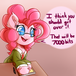 Size: 4000x4000 | Tagged: safe, artist:witchtaunter, pinkie pie, earth pony, pony, g4, clothes, colored pupils, dialogue, female, glasses, psychiatrist, smiling, solo, speech bubble, therapist