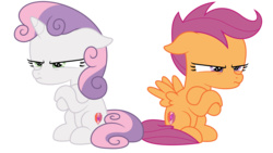 Size: 5333x3000 | Tagged: safe, artist:besttubahorse, scootaloo, sweetie belle, pegasus, pony, unicorn, g4, surf and/or turf, .svg available, crossed hooves, cute, cutealoo, diasweetes, duo, duo female, female, filly, grumpaloo, grumpy, grumpy belle, madorable, simple background, sitting, svg, transparent background, vector