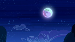 Size: 1280x720 | Tagged: safe, screencap, g4, the cutie re-mark, alternate timeline, cloud, full moon, implied princess celestia, mare in the moon, moon, mountain, night, nightmare takeover timeline