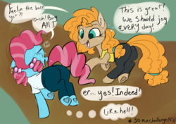 Size: 2760x1940 | Tagged: safe, artist:veesocks, cup cake, pear butter, earth pony, pony, g4, 30 minute art challenge, best friends, chiffon swirl, clothes, cute, dialogue, duo, exercise, female, frog (hoof), jogging, mare, pants, running, speech bubble, sweat, thought bubble, underhoof, yoga pants