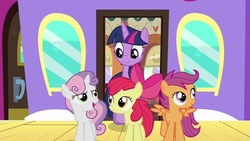 Size: 1280x720 | Tagged: safe, screencap, apple bloom, scootaloo, sweetie belle, twilight sparkle, alicorn, pony, g4, surf and/or turf, cutie mark crusaders, smiling, train, twilight sparkle (alicorn)