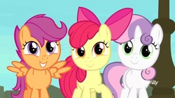 Size: 1280x720 | Tagged: safe, screencap, apple bloom, scootaloo, sweetie belle, earth pony, pegasus, pony, unicorn, g4, surf and/or turf, adorabloom, cute, cutealoo, cutie mark crusaders, diasweetes, female, filly, happy, looking at you, smiling