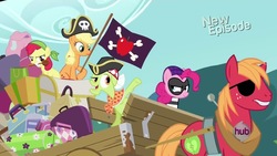 Size: 1280x720 | Tagged: safe, screencap, apple bloom, applejack, big macintosh, granny smith, pinkie pie, earth pony, pony, g4, pinkie apple pie, apple family, apples to the core, bicorne, eyepatch, female, filly, flag, hat, male, mare, singing, smiling, stallion, wagon