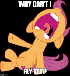 Size: 500x544 | Tagged: source needed, useless source url, safe, scootaloo, pegasus, pony, g4, black background, distressed, female, floppy ears, image macro, meme, sad, scootaloo can't fly, scootasad, screaming, simple background, solo, uvula, writing