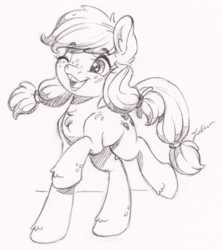 Size: 1949x2192 | Tagged: safe, artist:faline-art, applejack, earth pony, pony, g4, alternate hairstyle, bucktooth, cute, female, filly, freckles, happy, jackabetes, monochrome, one eye closed, open mouth, pigtails, smiling, solo, traditional art