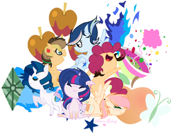 Size: 862x680 | Tagged: safe, artist:xxsakuragalaxyxx, oc, oc:appleshy, oc:blue thunderbolt, oc:caramelized apple, oc:party cannon, oc:sapphire, oc:star sparkle, alicorn, dracony, earth pony, hybrid, pegasus, pony, unicorn, alicorn oc, base used, cutie mark background, female, interspecies offspring, mare, next generation, offspring, parent:applejack, parent:big macintosh, parent:caramel, parent:cheese sandwich, parent:flash sentry, parent:fluttershy, parent:pinkie pie, parent:rainbow dash, parent:rarity, parent:soarin', parent:spike, parent:twilight sparkle, parents:carajack, parents:cheesepie, parents:flashlight, parents:fluttermac, parents:soarindash, parents:sparity, simple background, white background