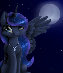 Size: 3000x3500 | Tagged: safe, artist:lunarmoonponi, princess luna, alicorn, pony, g4, cute, female, high res, jewelry, necklace, night, solo, stars