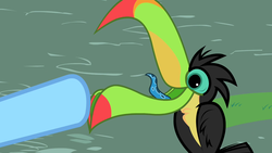 Size: 1280x720 | Tagged: safe, screencap, bird, keel-billed toucan, pegasus, pony, toucan, g4, may the best pet win, animal, cute, female, happy, hooves, mare, open beak, open mouth, pointing, smiling, solo focus, tongue out, wing fluff