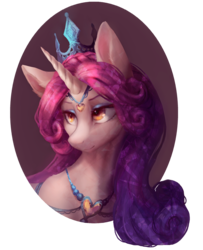 Size: 1300x1604 | Tagged: safe, artist:orchidpony, princess amore, pony, unicorn, g4, beautiful, bust, female, jewelry, mare, portrait, regalia, simple background, smiling, solo, transparent background