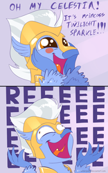 Size: 1280x2048 | Tagged: safe, artist:underpable, sky beak, classical hippogriff, hippogriff, g4, surf and/or turf, armor, blush sticker, blushing, comic, cute, derp, dilated pupils, eeee, fluffy, majestic, male, open mouth, reeee, screaming, skyabeakes, smiling, solo, squishy cheeks, tongue out, wide eyes