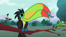 Size: 1280x720 | Tagged: safe, screencap, bird, keel-billed toucan, toucan, g4, may the best pet win, ambiguous gender, animal, perching, smiling, solo, tongue out, tree branch