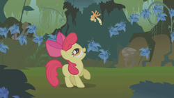 Size: 1280x720 | Tagged: safe, screencap, apple bloom, applejack, earth pony, pony, bridle gossip, g4, appletini, duo, everfree forest, female, filly, mare, micro, poison joke, raised hoof, sisters, toss