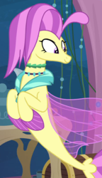 Size: 485x840 | Tagged: safe, screencap, ocean flow, seapony (g4), g4, surf and/or turf, bubble, clothes, coral, cropped, dishes, dorsal fin, female, fin, fin wings, fins, fish tail, floppy ears, flowing mane, flowing tail, jewelry, looking at someone, mare, mothers gonna mother, necklace, ocean, open mouth, peytral, purple eyes, purple mane, purple tail, scales, seaquestria, seaweed, see-through, smiling, solo, swimming, tail, teapot, underwater, water, wings