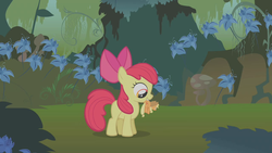Size: 1280x720 | Tagged: safe, screencap, apple bloom, applejack, earth pony, pony, bridle gossip, g4, appletini, duo, everfree forest, female, filly, mare, micro, mouth hold, poison joke, sisters
