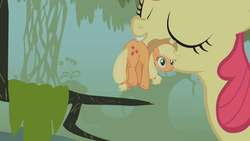 Size: 1280x720 | Tagged: safe, screencap, apple bloom, applejack, earth pony, pony, bridle gossip, g4, animation error, appletini, detached head, duo, everfree forest, eyes closed, female, filly, mare, micro, moss, mouth hold, sisters, tree branch