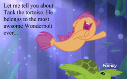Size: 1024x640 | Tagged: safe, edit, edited screencap, editor:korora, screencap, scootaloo, fish, pegasus, pony, seapony (g4), tortoise, turtle, g4, surf and/or turf, bubble, crepuscular rays, cropped, cute, cutealoo, discovery family logo, dorsal fin, female, filly, fin, fin wings, fins, fish tail, flowing mane, flowing tail, foal, implied rainbow dash, implied tank, misspelling, ocean, open mouth, open smile, rock, sea turtle, sea-mcs, seaponified, seapony scootaloo, seaquestria, seaweed, smiling, species swap, spread wings, swimming, tail, text, the cmc's cutie marks, underwater, water, wings