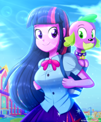Size: 1784x2163 | Tagged: safe, artist:the-butch-x, spike, twilight sparkle, dog, human, equestria girls, g4, my little pony equestria girls, backpack, breasts, busty twilight sparkle, canterlot high, crepuscular rays, cute, duo, looking at you, puffy sleeves, redraw, signature, spike the dog, teenager, twiabetes