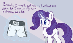 Size: 2000x1200 | Tagged: safe, artist:heir-of-rick, rarity, pony, unicorn, g4, boxers, clothes, female, glowing horn, horn, magic, mare, solo, telekinesis, underwear