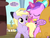 Size: 576x432 | Tagged: safe, edit, edited screencap, editor:korora, screencap, amethyst star, carrot top, cherry berry, dinky hooves, golden harvest, sparkler, earth pony, pony, unicorn, g4, my little pony: friendship is magic, surf and/or turf, background pony, cropped, duo focus, female, filly, friendship express, implied derpy, magic aura, mare, sisterly sparkler, sisters, speech bubble, text, train station