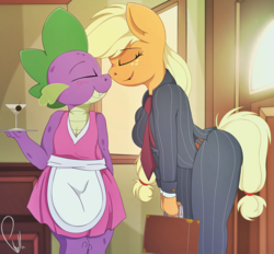 Size: 4352x4040 | Tagged: source needed, safe, artist:phyll, applejack, spike, dragon, earth pony, anthro, g4, absurd resolution, alcohol, apron, bent over, blushing, boop, clothes, crossdressing, cute, digital art, door, dress, eyes closed, female, freckles, happy, housewife, male, mare, martini, necktie, nose wrinkle, noseboop, reversed gender roles equestria, ship:applespike, shipping, signature, smiling, spots, straight, suit, suitcase, tray