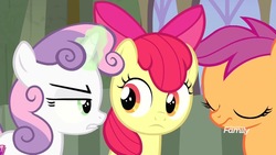 Size: 1280x720 | Tagged: safe, screencap, apple bloom, scootaloo, sweetie belle, earth pony, pegasus, pony, unicorn, g4, surf and/or turf, cutie mark crusaders, glowing horn, horn, magic, ribbon, sweetie belle is not amused, unamused