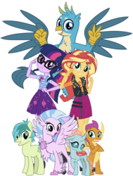 Size: 1160x1536 | Tagged: safe, editor:php77, gallus, ocellus, sandbar, sci-twi, silverstream, smolder, sunset shimmer, twilight sparkle, changedling, changeling, classical hippogriff, dragon, earth pony, griffon, hippogriff, pony, equestria girls, equestria girls series, g4, season 8, clothes, dragoness, female, geode of empathy, geode of telekinesis, magical geodes, simple background, transparent background