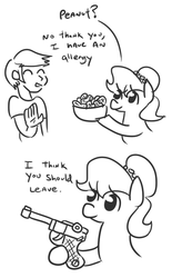 Size: 428x690 | Tagged: safe, artist:jargon scott, oc, oc only, oc:brownie bun, human, black and white, comic, dialogue, grayscale, gun, hoof hold, luger, monochrome, parody, peanut, simple background, weapon, white background