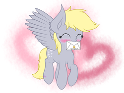 Size: 2048x1536 | Tagged: safe, artist:php142, derpy hooves, pegasus, pony, g4, blushing, cute, derpabetes, envelope, eyes closed, female, flying, food, happy, heart, heart background, letter, mail, mouth hold, muffin, nom, solo, text