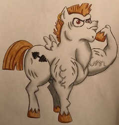 Size: 2496x2606 | Tagged: safe, artist:bozzerkazooers, bulk biceps, pegasus, pony, g4, flexing, high res, male, muscles, raised hoof, showing off, solo, traditional art, vein, vein bulge