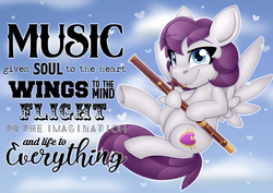 Size: 2383x1683 | Tagged: safe, artist:partypievt, oc, oc only, pegasus, pony, bassoon, cloud, flying, music, musical instrument, musician, poster, quote, sky, solo, text