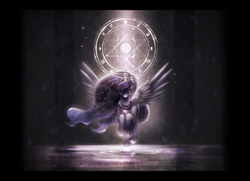 Size: 2000x1445 | Tagged: safe, artist:ventious, princess luna, alicorn, pony, g4, eyes closed, female, flying, front view, horn, jewelry, letterboxing, magic, magic circle, reflection, regalia, solo, spread wings, water, wings