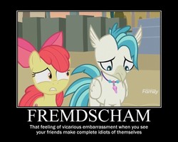 Size: 750x600 | Tagged: safe, edit, edited screencap, screencap, apple bloom, terramar, earth pony, hippogriff, pony, g4, surf and/or turf, duo, embarrassed, female, filly, fremdschaem, fremdscham, male, motivational poster