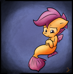 Size: 1660x1672 | Tagged: safe, artist:zutcha, scootaloo, pegasus, pony, seapony (g4), g4, surf and/or turf, crepuscular rays, dorsal fin, female, filly, fin, fin wings, fins, fish tail, flowing mane, flowing tail, foal, ocean, purple eyes, purple mane, purple tail, sad, seaponified, seapony scootaloo, seaquestria, signature, solo, species swap, swimming, tail, underwater, water, wings