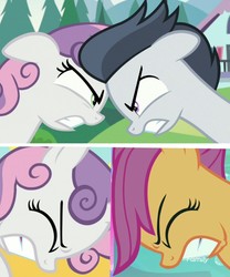 Size: 1172x1407 | Tagged: safe, screencap, rumble, scootaloo, sweetie belle, pegasus, pony, unicorn, g4, marks and recreation, surf and/or turf, angry, colt, comparison, eye contact, eyes closed, female, filly, floppy ears, glare, gritted teeth, headbutt, looking at each other, male
