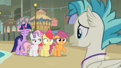 Size: 1280x720 | Tagged: safe, screencap, apple bloom, scootaloo, sweetie belle, terramar, twilight sparkle, alicorn, hippogriff, pony, g4, surf and/or turf, :i, beach, cutie mark crusaders, discovery family logo, twilight sparkle (alicorn)