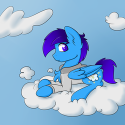 Size: 2000x2000 | Tagged: safe, artist:billysan727, oc, oc only, oc:cloud gazer, pegasus, pony, chest fluff, clothes, cloud, cutie mark, ear fluff, high res, hoodie, hooves, lying on a cloud, male, on a cloud, solo, stallion, wings