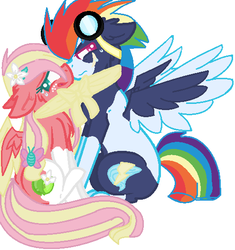 Size: 495x527 | Tagged: safe, artist:donnatellofan1, oc, oc only, oc:apple blossom, oc:tornado dash, pegasus, pony, base used, boop, clothes, coat markings, embarrassed, female, floppy ears, flower, flower in hair, goggles, male, mare, noseboop, offspring, parent:big macintosh, parent:fluttershy, parent:rainbow dash, parent:soarin', parents:fluttermac, parents:soarindash, piebald coat, scarf, shared clothing, shared scarf, simple background, socks (coat markings), stallion, white background