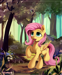 Size: 1280x1549 | Tagged: dead source, safe, artist:tracerhorse, fluttershy, pegasus, pony, g4, cute, eyebrows, female, folded wings, forest, looking up, mare, nature, open mouth, raised hoof, raised leg, shyabetes, solo, tree, wings