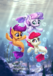Size: 850x1200 | Tagged: safe, artist:assasinmonkey, apple bloom, scootaloo, sweetie belle, pony, seapony (g4), surf and/or turf, bow, bubble, cutie mark crusaders, digital painting, female, hair bow, sea-mcs, seaponified, seapony apple bloom, seapony scootaloo, seapony sweetie belle, species swap, trio, underwater