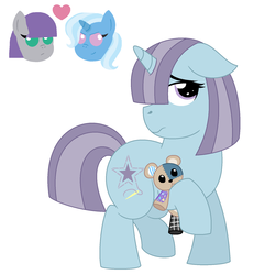 Size: 1577x1705 | Tagged: safe, artist:strawberry-spritz, maud pie, trixie, oc, oc only, oc:velveteen, pony, unicorn, g4, female, filly, hair over one eye, heart, lesbian, magical lesbian spawn, offspring, parent:maud pie, parent:trixie, parents:mauxie, ship:mauxie, shipping, simple background, solo, teddy bear, tl;dr, white background