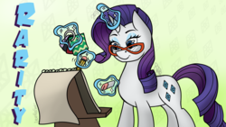 Size: 2560x1440 | Tagged: safe, artist:cadetredshirt, rarity, pony, g4, drawing, eraser, female, glasses, glasses rarity, magic, notebook, pencil, rarity's glasses, smiling, solo