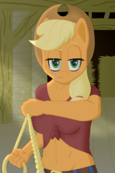 Size: 3495x5243 | Tagged: safe, artist:sergeant16bit, applejack, anthro, g4, 1st person view, abs, appledom, barn, bondage, clothes, cowboy hat, female, femdom, hat, lasso, looking at you, offscreen character, pov, rope, rope bondage, solo, stetson, submissive pov, viewer on leash