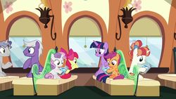 Size: 1920x1080 | Tagged: safe, screencap, apple bloom, rainbow stars, scootaloo, silver script, star bright, sweetie belle, twilight sparkle, alicorn, earth pony, pony, unicorn, g4, surf and/or turf, cutie mark crusaders, male, reading, train, twilight sparkle (alicorn)