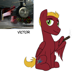 Size: 1938x1944 | Tagged: safe, artist:wolftendragon, pegasus, pony, cigar, male, ponified, sitting, solo, stallion, thomas the tank engine, victor, wing hands, wing hold